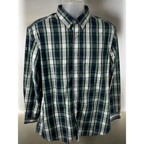 Nick Graham Mens Green Blue Plaid Stretch Modern Fit Button Down Shirt Large - Picture 7 of 8
